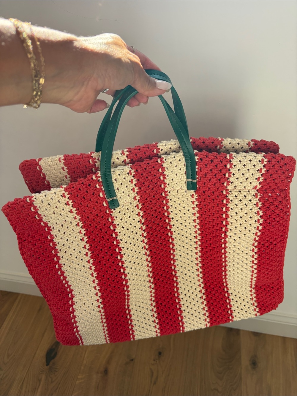 Clare V Red and Cream Striped Crochet Tote with Green Handles